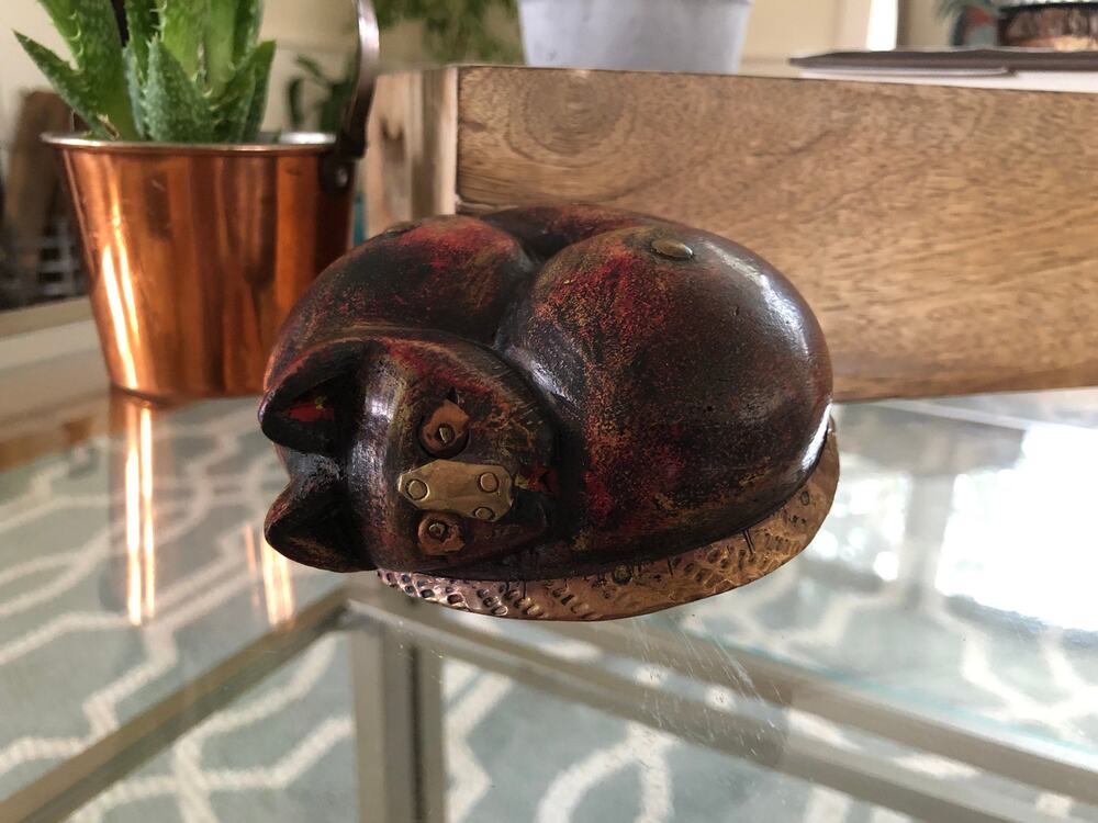 Vintage Hand Carved Wood Sleeping Cat with Brass Copper Detailing, Paperweight